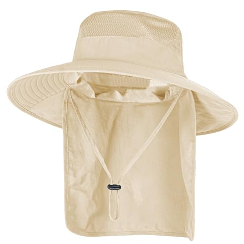 Sun Hats for Men Women Fishing Hat UPF 50+ Breathable Wide Brim Bucket Hats Summer UV Protection Safari Hat with Neck Flap - color: Beige