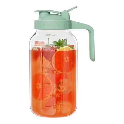 Glass Mason Jar Pitcher, 64 oz Wide Mouth Jug with Pour Spout Handle Lid for Cold Brew Coffee, Ice Beverage, Iced Juice, Lemonade, Sun Tea, Fruit Drinks Container(Green) - color: Green, size: 64 Ounces