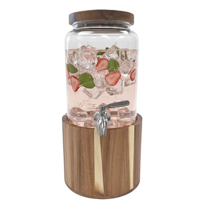 1 Gallon Glass Water & Lemonade Dispenser with Wooden Lid & Stand – Mason Jar Beverage Dispenser with Stainless Steel Spigot, Measurement Marks – Drink Server for Parties, Events, Home Use