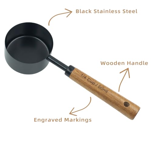 Measuring Cups and Spoons Set of 8, Stainless Steel Measuring Cup with Wooden Handle, Kitchen/Food/Liquid/Baking (Black) - color: Black