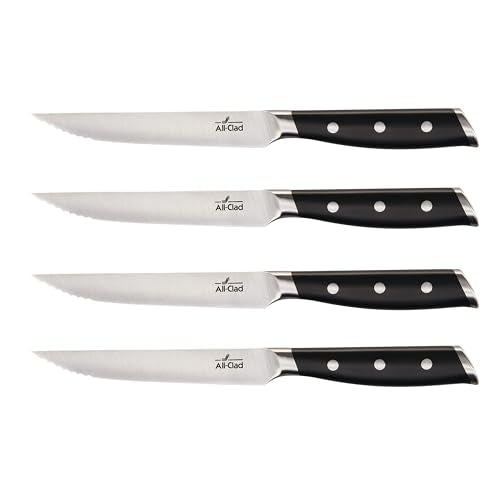 All-Clad Forged German Stainless Steel Steak Knife Set 4 Piece, Fully Forged, Expert Precision, Home Kitchen Knife Set, Knife Block Set, Kitchen Knives, Cookware Utensil, Cook Tool, Ultra Sharp - color: Silver/Black, size: 4-Piece Knife Set