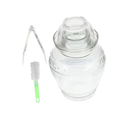 Airtight Glass Pickle Jar 5lb Household Food Storage Container with Water Seal Lid, Thickened Glass Fermentation Crock Set Including Inner Lid, Brush, and Tongs for Kitchen