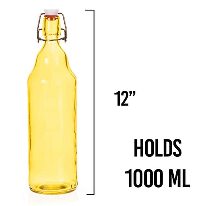 Cocktailor Glass Grolsch Beer Bottles (12-pack, 33.8 oz./1000 mL) Airtight Seal with Swing Top/Flip Top Stoppers - Home Brewing Supplies, Fermenting of Alcohol, Kombucha Tea, Wine, Soda - Yellow