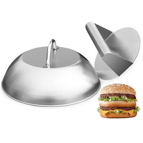 Smash Burger Press & Melting Dome Kit – 5.5" Grill Press + 8.9" Basting Cover | Heavy-Duty Stainless Steel Griddle Accessories for Flat Top Grill & Stovetop Cooking