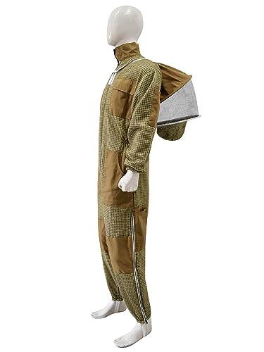 Highly Ventilated Beekeeping Suit Beekeepers 3 Layer Premium bee Suit for Men & Women with Pair of Gloves - color: Khaki Round Veil, size: 4X-Large