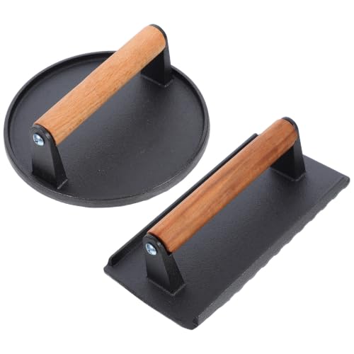 HOMSFOU 2pcs Cast Iron Grill Press with Wooden Handle for Steaks and Sandwiches, Heavy-Duty Meat Press with Grooved Bottom and Nonstick Surface, Safe for Stoves, Ovens, Grills,
