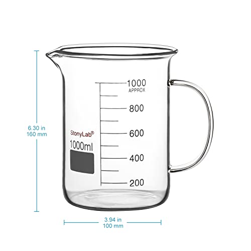 stonylab Glass Beaker with Handle, Borosilicate Glass Graduated Low Form Griffin Beaker with Handle and Pouring Spout, 1000 ml (Pack of 2) - size: 1000 ml (Pack of 2)