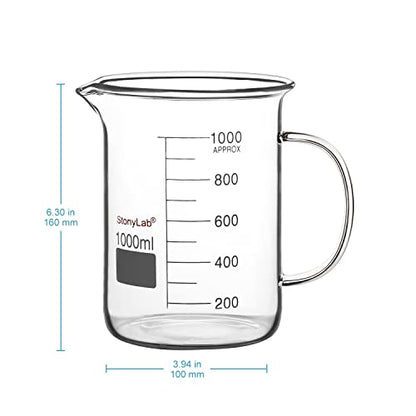 stonylab Glass Beaker with Handle, Borosilicate Glass Graduated Low Form Griffin Beaker with Handle and Pouring Spout, 1000 ml (Pack of 2) - size: 1000 ml (Pack of 2)