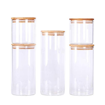 LEAVES AND TREES Y Stackable Kitchen Canisters Set, Pack of 5 Clear Glass Food Storage Jars Containers with Airtight Bamboo Lid for Candy, Cookie, Rice, Sugar, Flour, Pasta, Nuts - color: Round-3.9 IN-5Pack