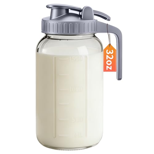 32oz Glass Pitcher with Lid & Spout – 1 Quart Mason Jars, Airtight & Leakproof Breastmilk Pitcher for Cold Brew Coffee, Sun Tea, Water, Juice – Wide Mouth, Fridge Safe - color: Gray, size: 32 Ounces