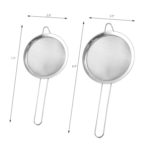 2PCS Fine Mesh Strainers Set Small Stainless Steel Sieves with Handles For Straining Cocktail Flour Powdered Sugar Tea Bar Tool