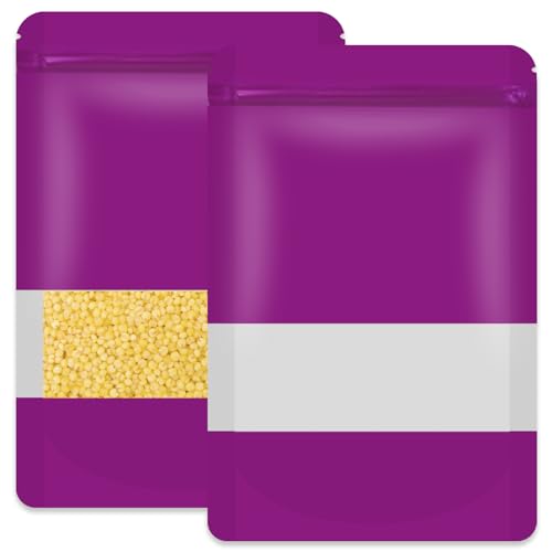 50 Pcs 4.7x7.9 Inch Purple Resealable Matte Metallic Stand Up Bags with Clear Window - Ideal for Food Storage and Small Business Packaging - color: Purple, size: 4.7*7.9 Inch