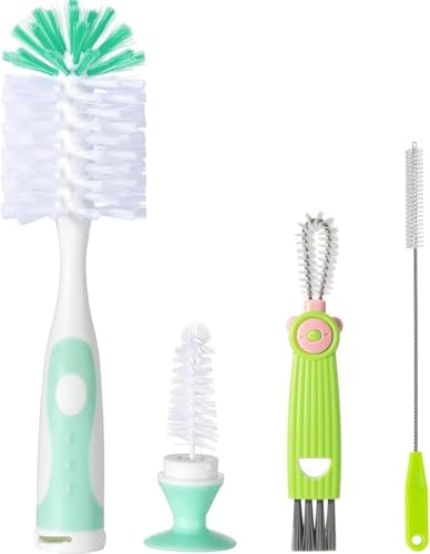 Baby Bottle Brush Set 4 in 1, Baby Bottle Cleaner, with 1P Nylon Bottle Brush, 1P Bottle Cap Brushes, 2P Straw Brushes, Bottle Brush with Nipple Cleaner and Suction Cup, BPA-Free(Green) - color: Green-nylon Brush