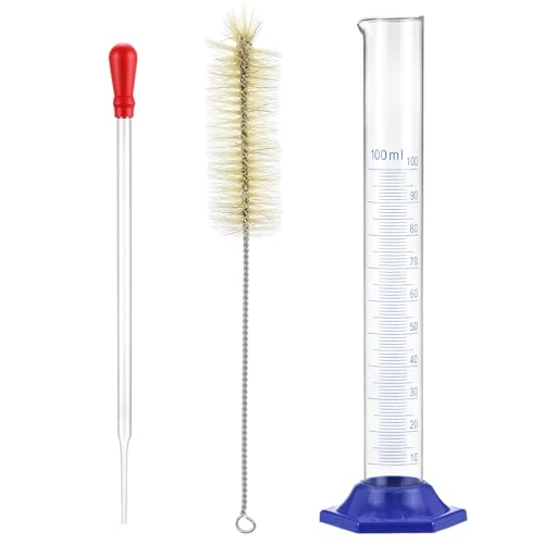 QWORK 100 mL Thick Glass Graduated Cylinder with Bumper Guards & Cylinder Brush, Measuring Liquid Lab Cylinders