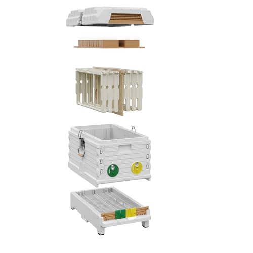 Apimaye Insulated 7 Frame Langstroth Nucleus Assembled Bee Hive Set with Built in Screened Bottom Board, Entrance Reducers and Top Feeders (White) [Plastic PRO Frames and Premier Foundations]