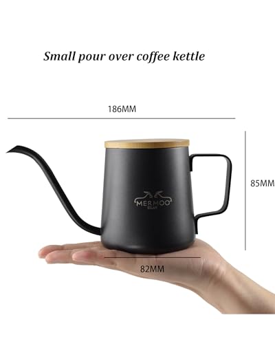 MERMOO YILAN Pour Over Coffee Kettle with Wooden Lid 12oz Coffee Maker | 304 Stainless Steel Coffee Pot |Gooseneck Pouring Kettle|Dishwasher Safe|for Camping,Home,Travel,Office - color: Black