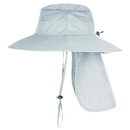 Sun Hats for Men Women Fishing Hat UPF 50+ Breathable Wide Brim Bucket Hats Summer UV Protection Safari Hat with Neck Flap - color: Light Grey