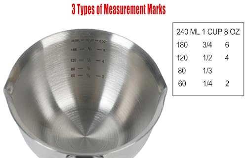 DOTINGHUX 1 Cup Stainless Steel Measuring Cup, 3 Types of Measurement Marks, Two Side Spouts, Dishwasher Safe, Compatible with All Cooktops