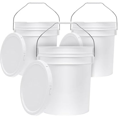 5-Gallon White Bucket Pail Container with Lid | Food Grade | Heavy-Duty 90MIL Extra Durable | Metal Handles with Plastic Grip for Easy Carrying | Multi-Use | Easy Stack and Store | BPA Free - 3 Pack