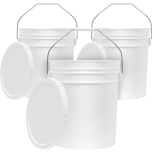 5-Gallon White Bucket Pail Container with Lid | Food Grade | Heavy-Duty 90MIL Extra Durable | Metal Handles with Plastic Grip for Easy Carrying | Multi-Use | Easy Stack and Store | BPA Free - 3 Pack