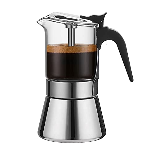 SIXAQUAE Moka Induction Stovetop Espresso Maker With Pressure valve,Crystal Glass-top & Stainless Steel Esprosso Moka Pot,240ml Classic Italian Coffee Maker - size: 240 ml - Pressure Valve