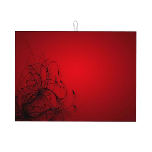 Red Black Abstract Flower Dish Drying Mat Retro Floral Modern Rustic Drying Rack Pad Countertop Dishes Ultra Absorbent Microfiber Kitchen Counter Mat 18x24 Inch - color: Red