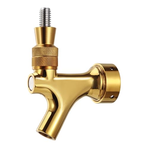 Golden Beer Faucet Keg Tap Faucet, All 304 Stainless Steel Draft Beer Tap Kegerator Tap with 4 Holes Cap, Beer Dispenser Kegerator Parts for American Beer Shank and Beer Tap Tower