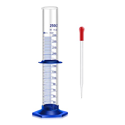 Thick Glass Graduated Cylinder Measuring Liquid Lab Cylinders with Anti-Falling Plastic Base and Bumper Guards and Glass Dropper (Glass, 250ML) - size: 250ML