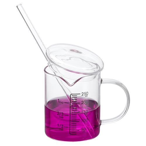 PATIKIL 250ml Glass Measuring Cup, Borosilicate Glass Beaker Graduated Liquid Measure Cups with Glass-Lid Straw V-Shaped Spout for Kitchen Drinking Restaurant, Black Printed Scale - color: Black Scale, size: 250ml