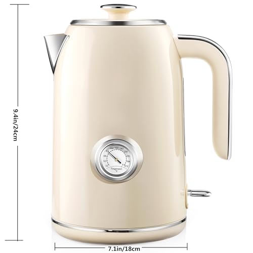 PUKOMC Electric Kettle,1.7L Stainless Steel Electric tea kettle | Temperature Gauge, Fast Boiling, Auto Shut - off, BPA - Free, Boil - Dry Protection 1500W,LED Light,Easy clean - color: Beige