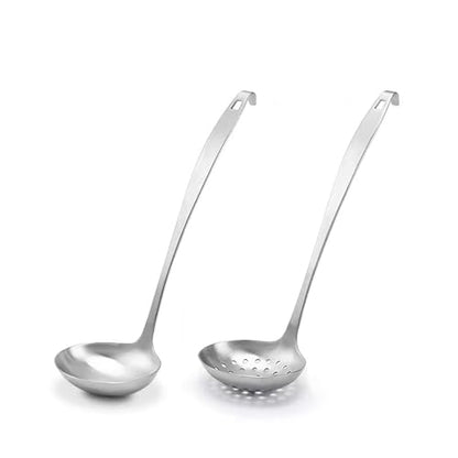 Cooking Ladles,Serving Scoop And Ladle Strainer Set Of 2 with Hook and Hole for Easy Hanging,Stainless Steel Soup Ladles Set for Kitchen - size: L With Hook