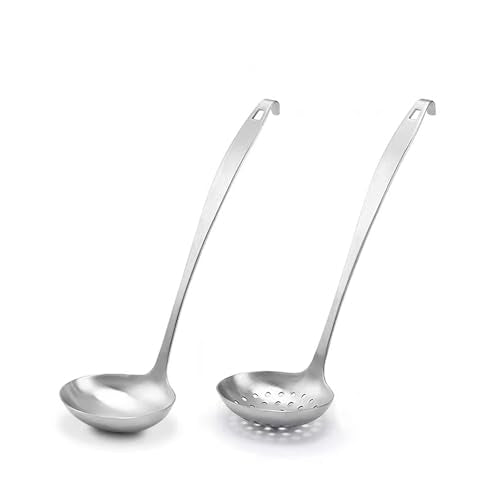 Cooking Ladles,Serving Scoop And Ladle Strainer Set Of 2 with Hook and Hole for Easy Hanging,Stainless Steel Soup Ladles Set for Kitchen - size: L With Hook
