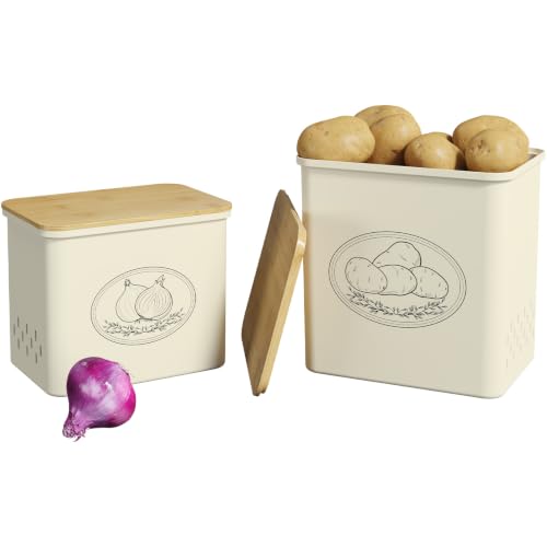 Lifewit Onion and Potato Storage Bin with Aerating Holes and Lid, Stackable Garlic Keeper, Plastic Vegetable Container Box for Kitchen, Beige, Set of 2 - color: Beige