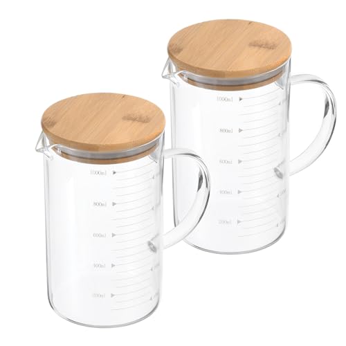 PATIKIL 1000ml Glass Measuring Cup, 2 Pack 3.3 Borosilicate Glass Graduated White Printed Scale Liquid Measure Cups Beaker with Wood Lid and V-Shaped Spout for Kitchen - size: 1000ml