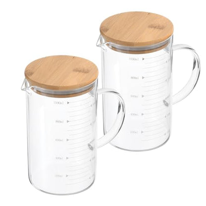 PATIKIL 1000ml Glass Measuring Cup, 2 Pack 3.3 Borosilicate Glass Graduated White Printed Scale Liquid Measure Cups Beaker with Wood Lid and V-Shaped Spout for Kitchen - size: 1000ml