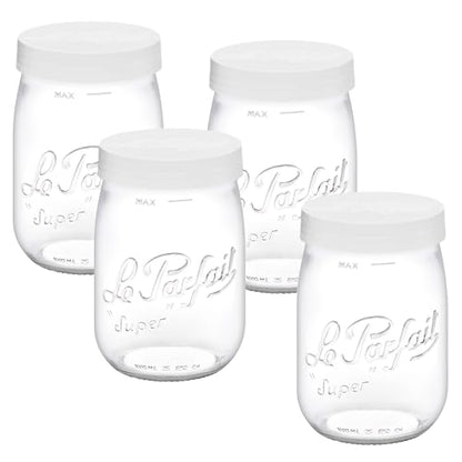 Le Parfait Eco-Friendly Zero Waste Wide Mouth Glass Jar with Airtight Screw Top Lid – Reusable French Storage Jar for Food, Soup, Flour, Sugar, Canning & Baking (1L/32oz, 4 Pack, White) - color: 1L-White (Set/4)