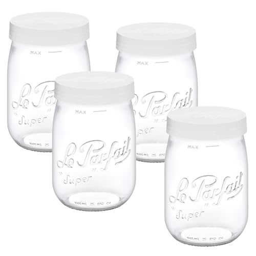Le Parfait Eco-Friendly Zero Waste Wide Mouth Glass Jar with Airtight Screw Top Lid – Reusable French Storage Jar for Food, Soup, Flour, Sugar, Canning & Baking (1L/32oz, 4 Pack, White) - color: 1L-White (Set/4)