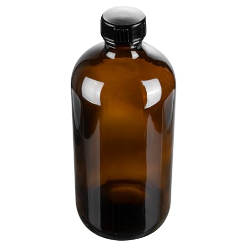 Restaurantware Vetri 16 Ounce Boston Glass Bottles, 12 Bottles With Black Phenolic Caps - Dishwashable, Round, Amber Glass Bottle, For Secondary Kombucha Fermentation, Homemade Essential Oils - color: Amber, size: 16 Ounces