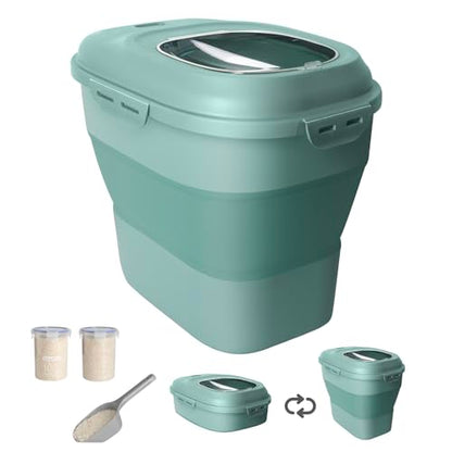 20-50 Lbs Food Storage Containers,Collapsible Rice Container with Wheel Airtight Locking Lid,Flour Storage Container with Small Food Jar and Scoop,Suitable for Food,Rice,Pet Food,Flour - color: Green/20-50LBS