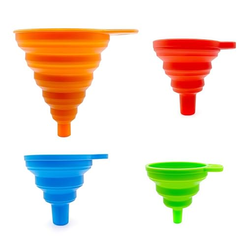 Collapsible Silicone Kitchen Funnels, 4 Pack Food Grade Foldable Funnel Set, 2 Small & 2 Large Funnels for Kitchen Use Filling Bottles, Canning, Cooking, and Water Powder Transfer