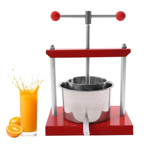0.8 Gal/3L Fruit Wine Press with 2 Stainless Steel Barrels–Manual Juice Maker for Apple, Grape, Cider, Honey, Olive Oil–Stable Base, T-Handle, Filter Bag Included for Outdoor, Home, Kitchen Use (Red) - color: Red, size: 0.8Gal