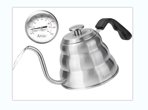 Pour Over Kettle for Manual Drip Coffee,Tea,with Thermometer,Silver,28oz | Gooseneck Kettle with Flow Control Stainless Steel Water Kettle for Stovetop,800ml,4 Cup, 1Pack - color: Silver (with Thermometer), size: 0.9 Quarts
