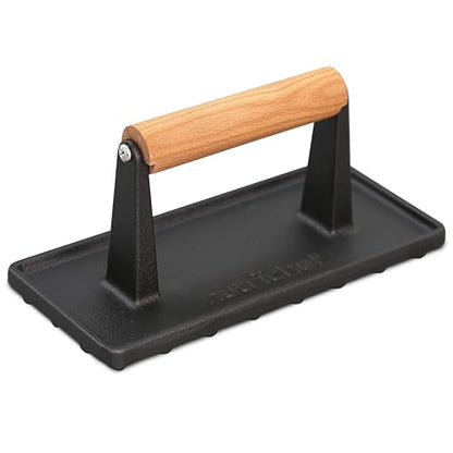 NutriChef Cast Iron Weight Grill Press – Heavy-Duty Griddle Press with Wooden Handle for Steak, Burgers, Bacon & Sandwiches, Creates Perfect Grill Marks