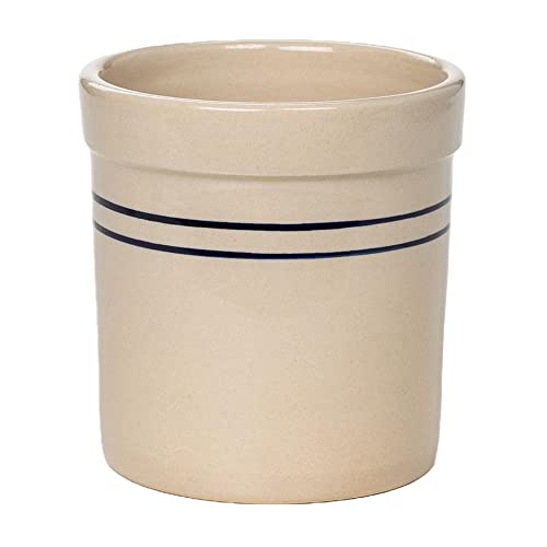 Pickling Fermenting Crock - Tan with Blue Stripe Stoneware Jar, 1/2 Gallon Capacity