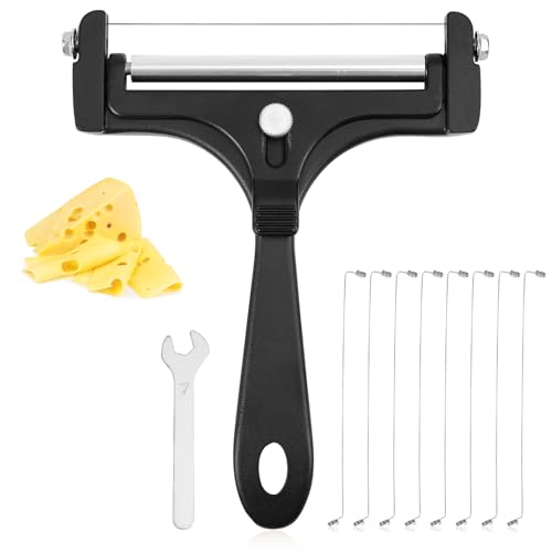 Cheese Slicer Kit, Stainless Steel Adjustable Thickness Iron Handheld Block Cheese Plane with 8 Extra Wires Charcuterie Cutter Curler Shaver Knife Board Accessories for Mozzarella Cheddar(Black)