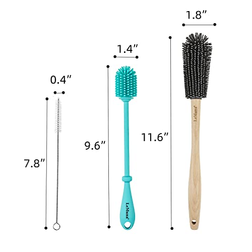 Silicone Bottle Brush Set with Wooden Handle - Silicone Brush & Straw Cleaner for Hydro Flask, Sports Bottle, Glassware