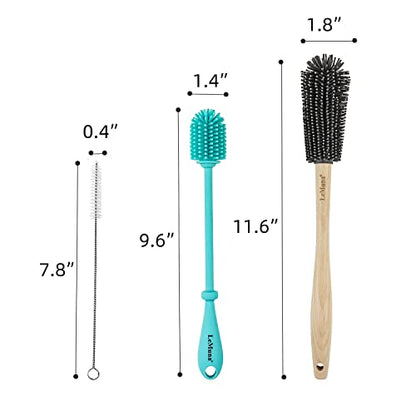 Silicone Bottle Brush Set with Wooden Handle - Silicone Brush & Straw Cleaner for Hydro Flask, Sports Bottle, Glassware