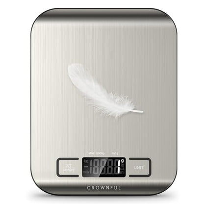 CROWNFUL Food Scale, 11 lb Digital Kitchen Scales with Built-in Coin Battery, Weight Ounces and Grams for Cooking and Baking, 6 Units with Tare Function, LCD Display, 304 Stainless Steel - size: Medium