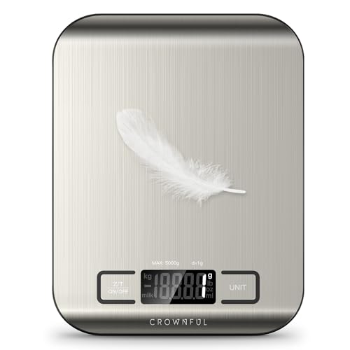 CROWNFUL Food Scale, 11 lb Digital Kitchen Scales with Built-in Coin Battery, Weight Ounces and Grams for Cooking and Baking, 6 Units with Tare Function, LCD Display, 304 Stainless Steel - size: Medium