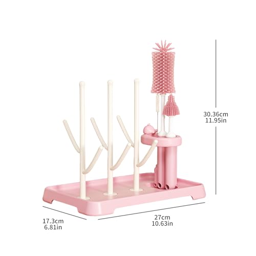 [4-in-1] Baby Bottle Drying Rack Set with Multi-Functional Brushes, Silicone Bottle Brush, Nipple Brush & Straw Cleaner, Space-Saving Countertop Cleaning Kit for Feeding Essentials, BPA-Free (Pink) - color: Pink